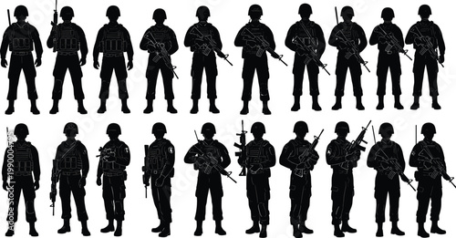 Military soldier silhouettes collection with weapons and tactical gear, black uniform army figures set isolated for defense, security, combat illustration