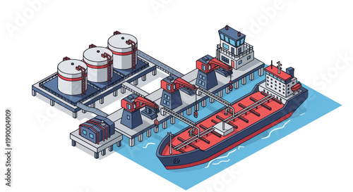 Oil tanker docked at industrial port facility for loading and unloading operations.