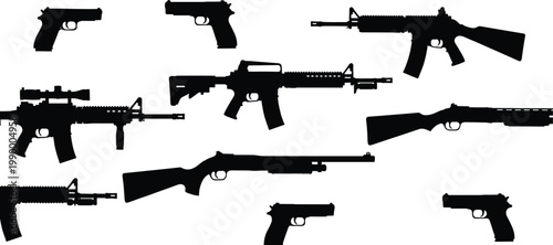 Set of firearm silhouettes including pistols, rifles, and shotguns in clean black vector style, isolated on light background.