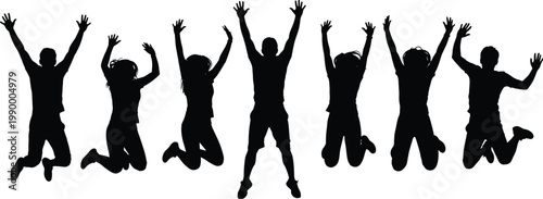 Seven dynamic human silhouettes jumping with raised arms, energetic expressive figures in motion for fitness, sport, celebration, and activity concepts