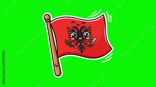Albanian Flag Cartoon Illustration with a Smiling Eagle on Green Background.