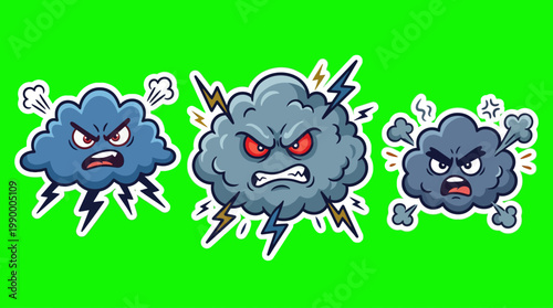 Angry Cartoon Clouds with Lightning Bolts on a Green Background.