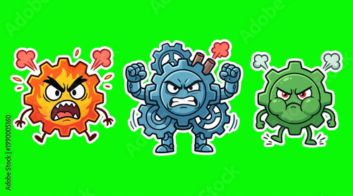 Angry Cartoon Gears with Furious Expressions on Green Background.