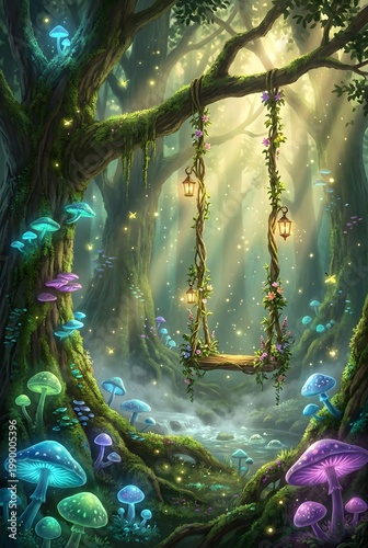 Enchanted Forest Swing with Glowing Mushrooms and Magical Fireflies