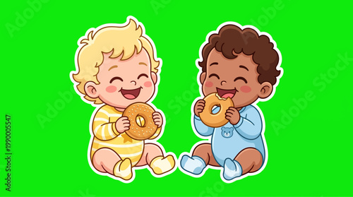 Adorable cartoon babies happily eating delicious donuts, smiling with joy.