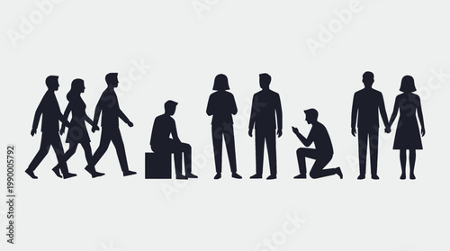 Collection of diverse human figures depicted as silhouettes, showcasing various poses and interactions against a neutral background