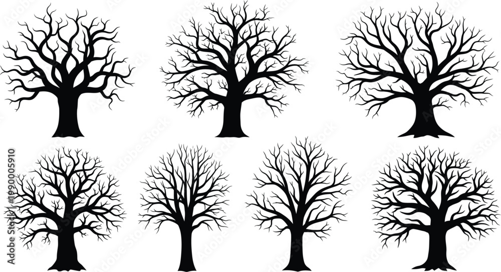 Obraz premium Collection of leafless tree silhouettes with bare tree with winter tree with tree silhouette