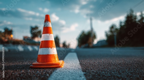 Traffic cone on road marking a hazard or scene, orange and white plastic cone with reflective stripes