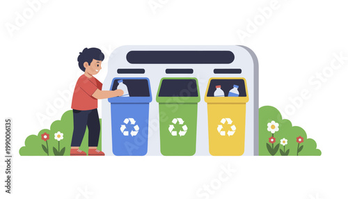 Boy Sorting Recyclables into Different Bins.
