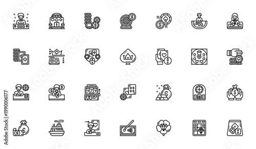 Casino icon set. Gambling vector pack with poker chips, roulette, dice, slot machine, blackjack, baccarat, cards, money bag and more. Editable thin line icons.