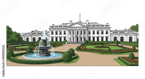 Detailed vector illustration showcasing the White House, captured with a wide-angle perspective alongside a lush garden and a prominent fountain, set against a clean background to emphasize