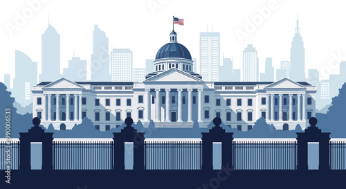 Stylized vector illustration of a grand neoclassical building in America, showcasing its detailed architectural design against a city skyline with a dominant blue color scheme, rendered