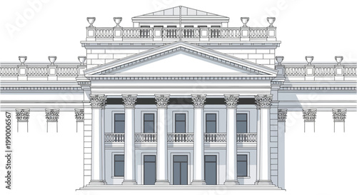 Detailed vector illustration of the white house in America showcasing symmetrical design elements and architectural building features, presented in a clean, minimalist style with a focus