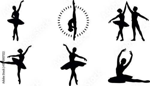 Silhouettes of ballerinas dancing in various ballet poses vector art