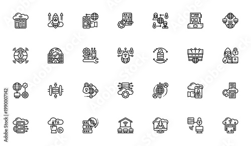 Network Technology icon set. Vector icons pack for cloud server, remote access, firewall, security, data storage and more. Editable thin line web icons.