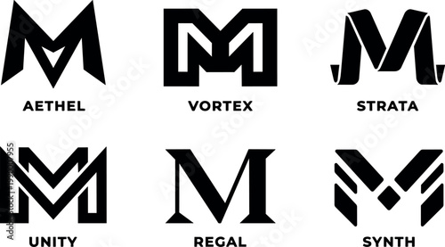 Six different black m letter logos with style names aethel vortex strata unity regal synth