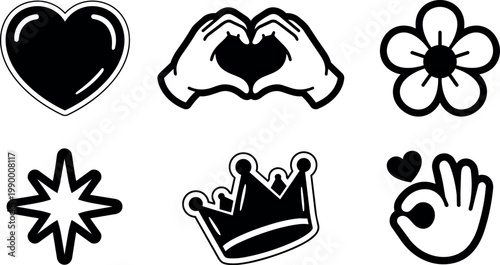 Black and white heart hands flower star crown and okay hand icons vector art