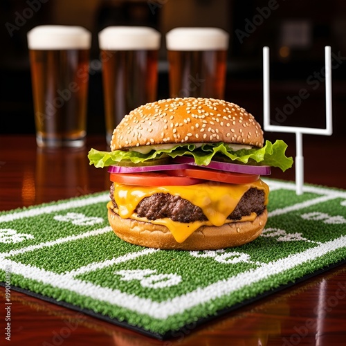 Juicy cheeseburger on a football field mat with beer glasses.