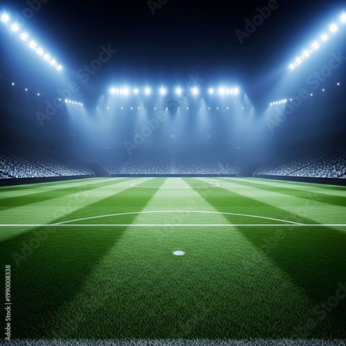 Empty professional soccer stadium pitch illuminated by bright floodlights at night with mist and spectators in the background.