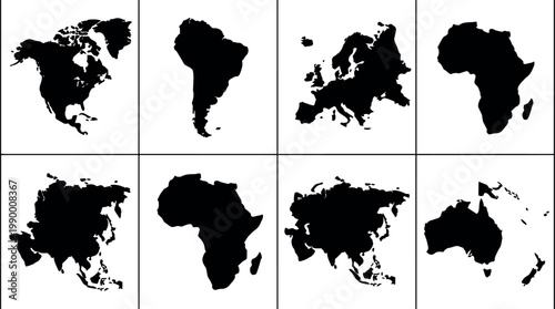 Black silhouette maps of all continents including africa asia europe south america north america australia