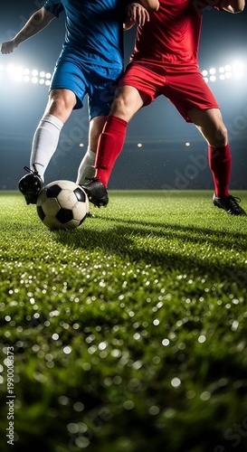 Professional soccer players competing for the ball on green grass pitch under stadium floodlights at night.