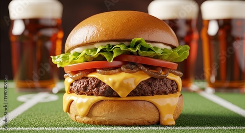 Gourmet double cheeseburger on a football field with beer.