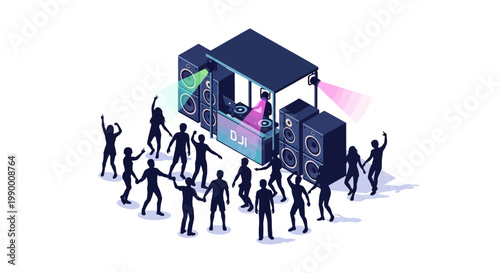 Isometric vector illustration of a summer vacation beach party scene with silhouetted figures dancing in front of a DJ booth with large speakers, conveying a fun, energetic mood on a clean