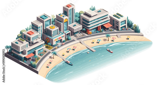Isometric vector illustration of a resort city featuring a beach with people enjoying a summer vacation, next to buildings and businesses, depicted with a vibrant color palette