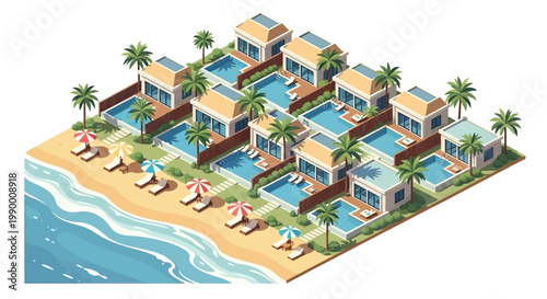 Isometric illustration showing a summer vacation pack with resort city villas and pools near the beach featuring deckchairs and umbrellas on the sand, depicted with a vibrant color palette