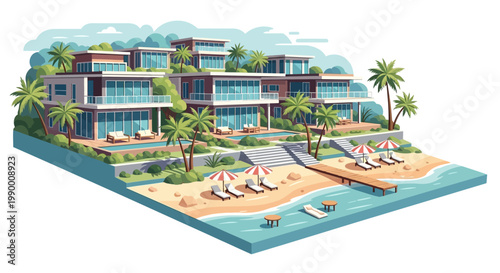 Isometric vector illustration showing a summer beach resort city with modern buildings and palm trees on a sandy shore, complete with lounge chairs and umbrellas against a clean white