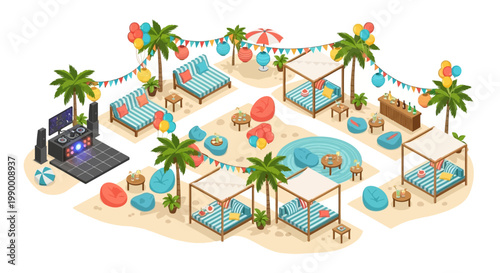 Isometric vector illustration of a summer vacation pack showcasing a beach party scene within a resort city, styled with vibrant colors, palm trees, lounge areas, and a festive business