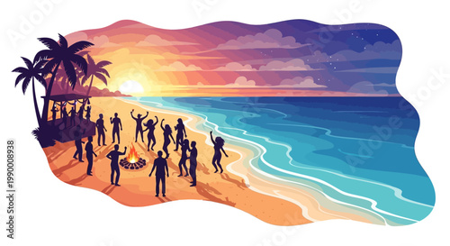 Isometric illustration of a beach party scene with silhouetted people enjoying summer vacation on a sandy shore, featuring a bonfire under palm trees against a colorful sunset sky
