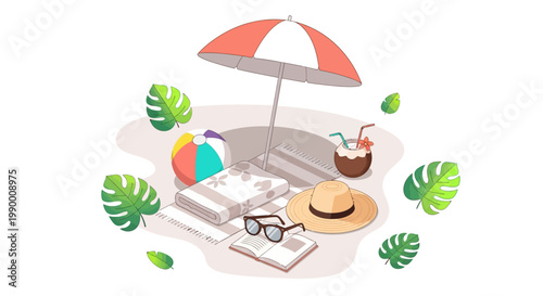 Isometric illustration showing a summer vacation pack on a beach with a resort city vibe, featuring a beach ball, books, and coconut drink under an umbrella, styled with tropical leaves