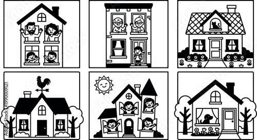 Black and white family and pet house scenes in line art vector
