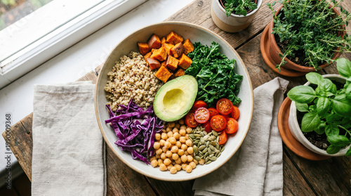 Healthy food bowl with avocado quinoa chickpea kale cherry tomato pumpkin seed purple cabbage and roasted sweet potato on wooden table with potted herbs natural light