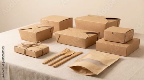 Kraft paper boxes biodegradable packaging eco friendly wooden cutlery food containers natural material sustainable recyclable brown color table setting disposable takeaway lunch box paper bag fork