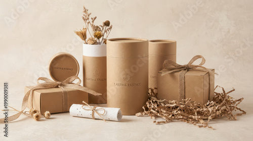 Natural kraft paper boxes with ribbon and dried flowers, eco friendly packaging set for gifts or products, rustic style with neutral beige background creating warm and calm mood