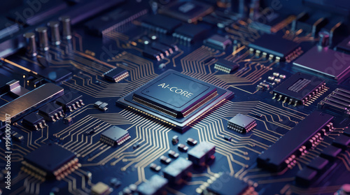 AI core microchip circuit board electronic component technology processor computer hardware motherboard digital semiconductor chip integrated circuit close up data connection electronic modern