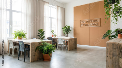 Sustainable workspace with wooden tables and chairs surrounded by green plants in bright room with large windows and sheer curtains creating fresh atmosphere