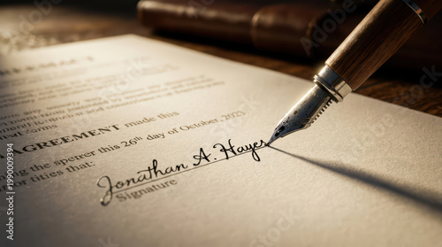 Pen Signature Agreement Document Contract Writing Fountain pen Paper Handwriting Close up fountain pen signing contract document with elegant handwriting and warm lighting creating professional