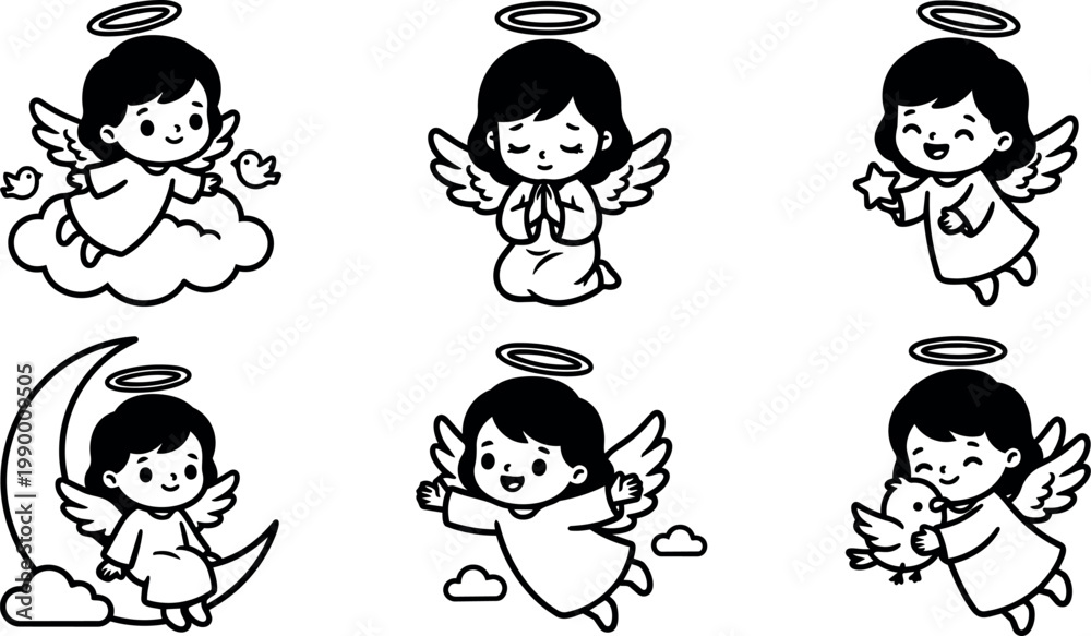 Fototapeta premium Black and white line art cute angels with halo birds and moon
