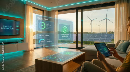 Smart home renewable energy energy usage wind turbine solar panel tablet living room eco technology sustainable modern interior digital interface green energy energy monitoring home automation