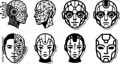 Black and white geometric robot and cyborg heads line art vector set