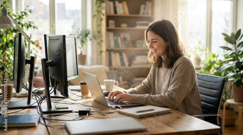 Young woman working on laptop at desk with dual monitors in cozy home office filled with natural light and plants, smiling and focused on task