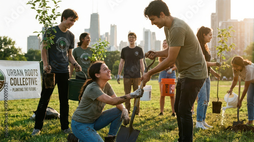 Young people planting tree in urban park with city skyline background, teamwork and environmental care, joyful outdoor activity in sunny day