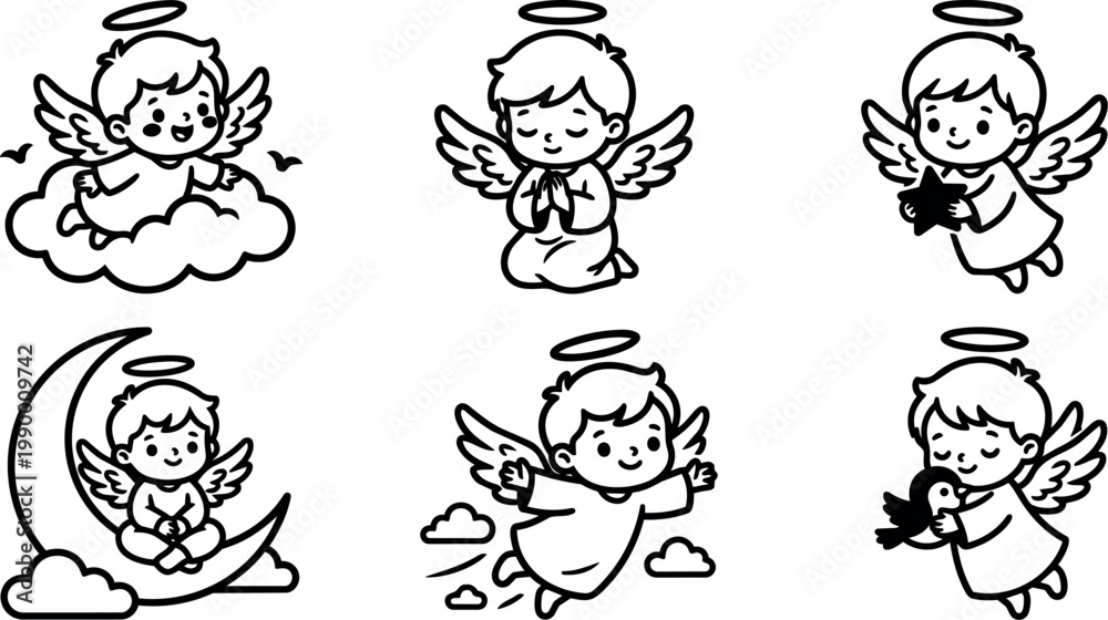 Fototapeta premium Cute cherubic angel boys flying and sitting on moon and cloud