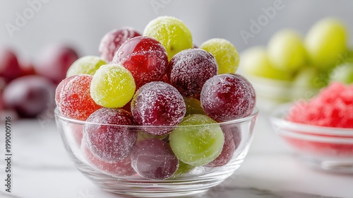 Frozen grapes with lime and jello dust in a kitchen bowl