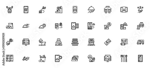 Food Delivery icon set. Vector illustration pack with drone, scooter, van, pizza, cart, location, payment, menu and more. Editable stroke icons.