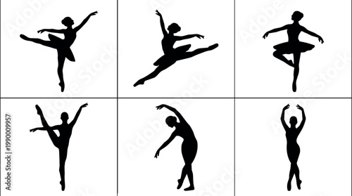 Silhouette collection of ballet dancers performing various poses in black and white vector art