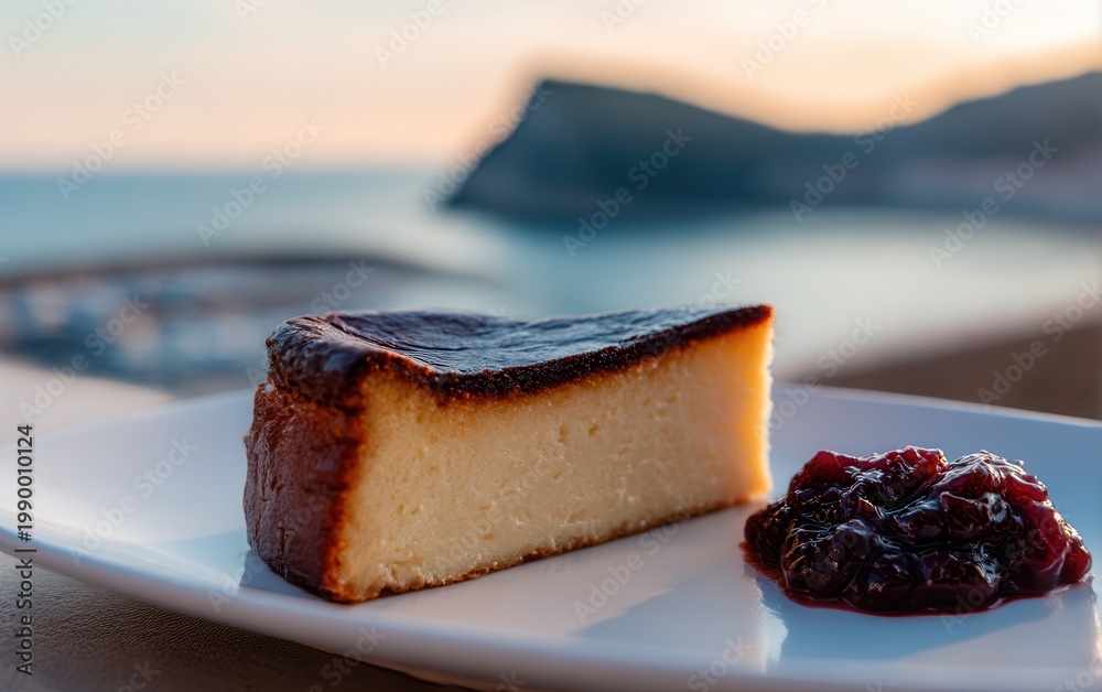 Naklejka premium Burnt Basque cheesecake slice at San Sebastian sunset view